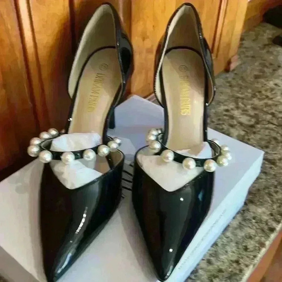 Dream pairs black patent Pearl Straps Pointed Toe Stiletto Heel Pumps Party NWT - Picture 2 of 5